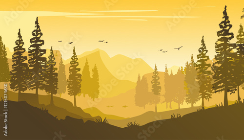 Silhouette of a birds in the mountains. Vector illustration.