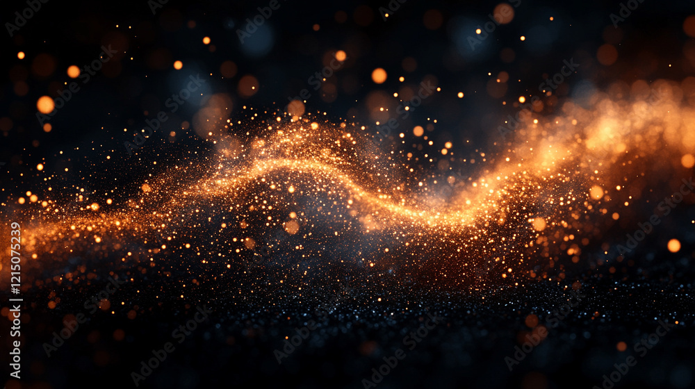 Naklejka premium Orange lens flare on a black background in a minimalistic style with a bright and modern tone creating a blurred effect and empty blank space symbolizing energy transformation and chaos