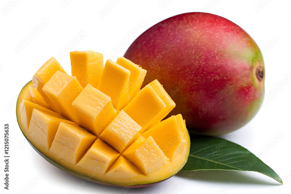 Mango fruit and sliced with leaves isolated Mango fruit and sliced with leaves isolated