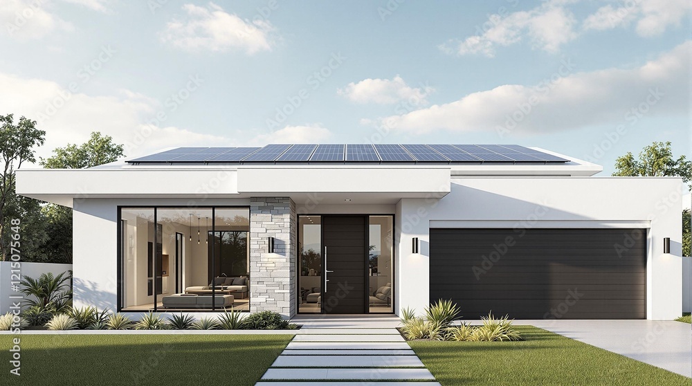 A modern luxury house with sleek architecture and solar panels installed on the roof. A modern luxury house with sleek architecture and solar panels installed on the roof.