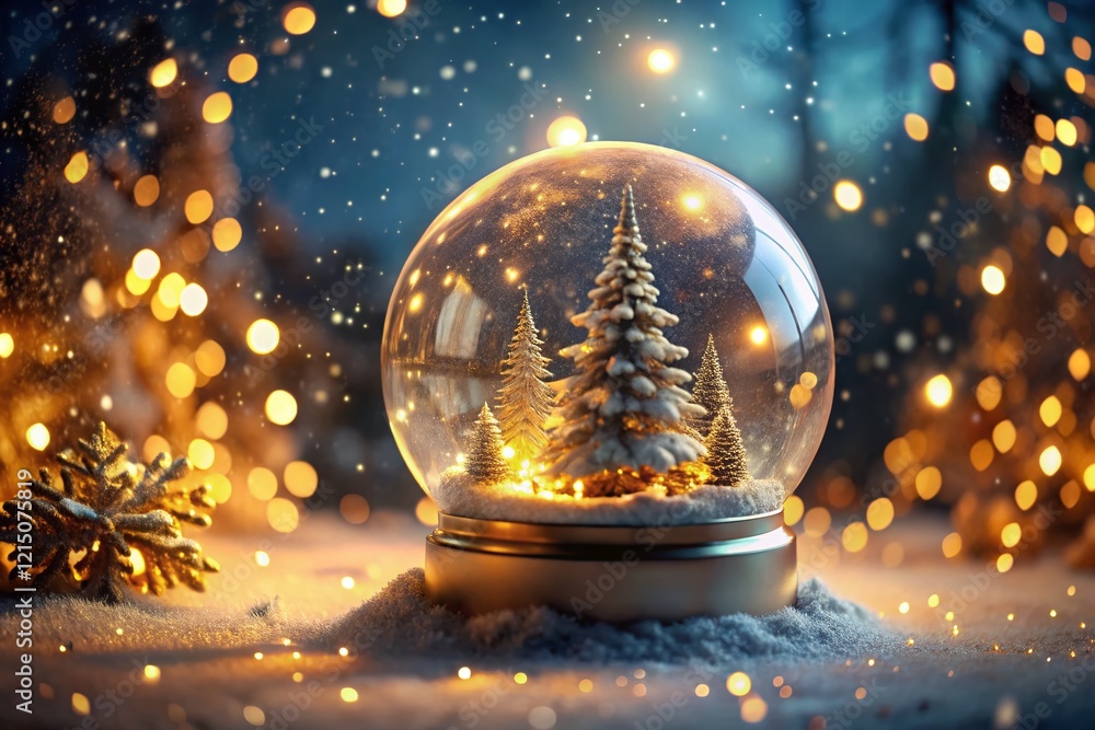 Glowing Snow Globe: Peaceful Holiday 3D Render, White Gold Decorations, Night Photography Glowing Snow Globe: Peaceful Holiday 3D Render, White Gold Decorations, Night Photography