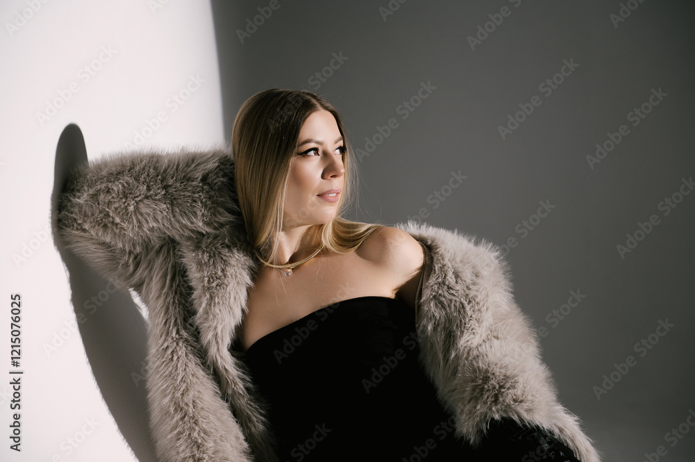 Portrait of a woman in a studio with professional lighting in a smart dress with gloves and a fur coat