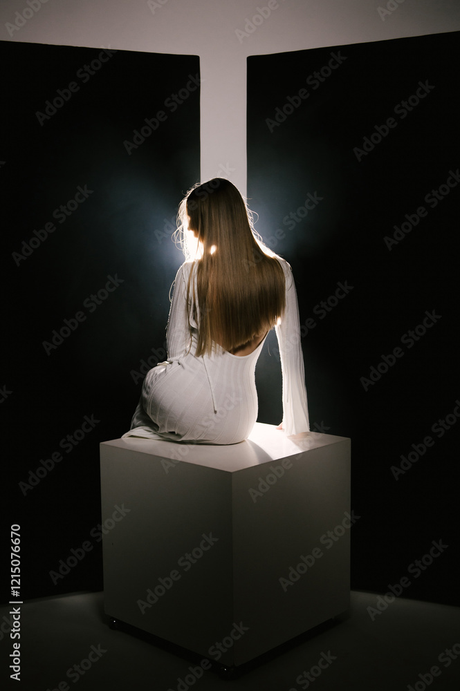 Portrait of a woman in a studio with professional lighting in a white long dress, soft focus