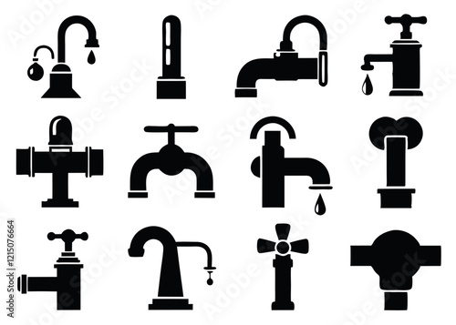 Vector Illustration of Various Plumbing Fixtures and Pipes