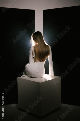 Obraz na płótnie Portrait of a woman in a studio with professional lighting in a white long dress, soft focus w salonie