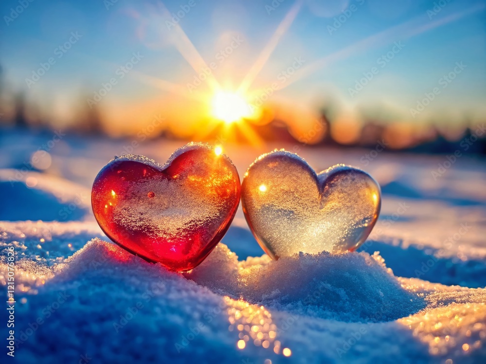 Fototapeta premium Macro Ice Hearts on Snowy Ground: Valentine's Day Love Background