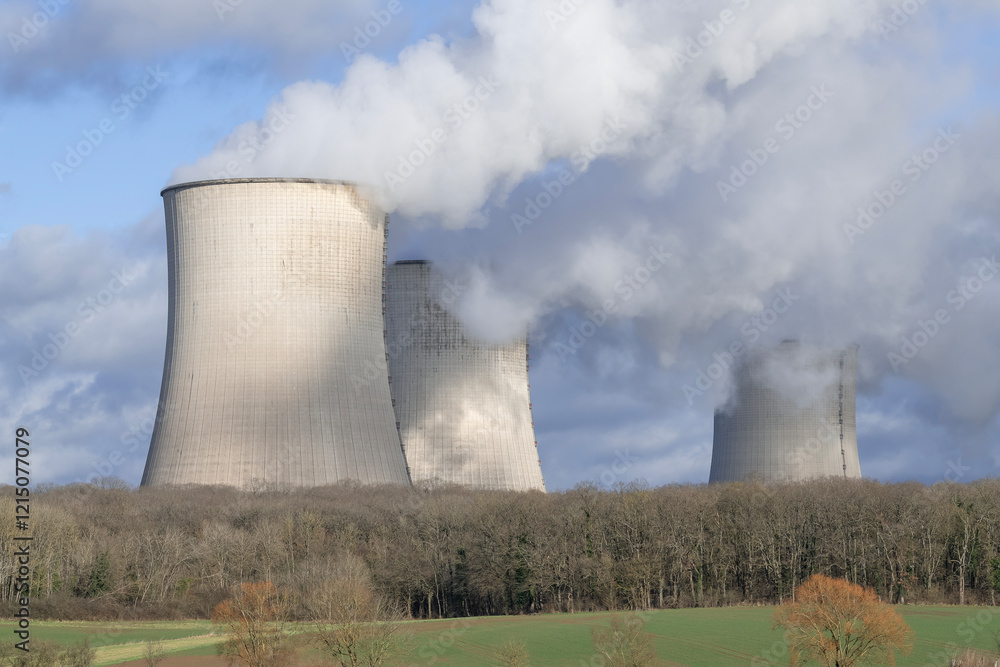 View of a nuclear power plant with its cooling towers and fields in the foreground. View of a nuclear power plant with its cooling towers and fields in the foreground.