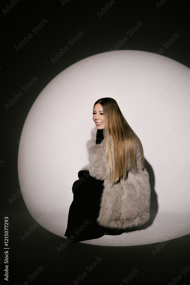 Portrait of a woman in a studio with professional lighting in a smart dress with gloves and a fur coat