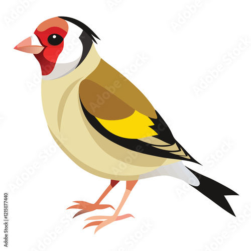 Photo of a European Goldfinch with two legs flying isolated on a white background.