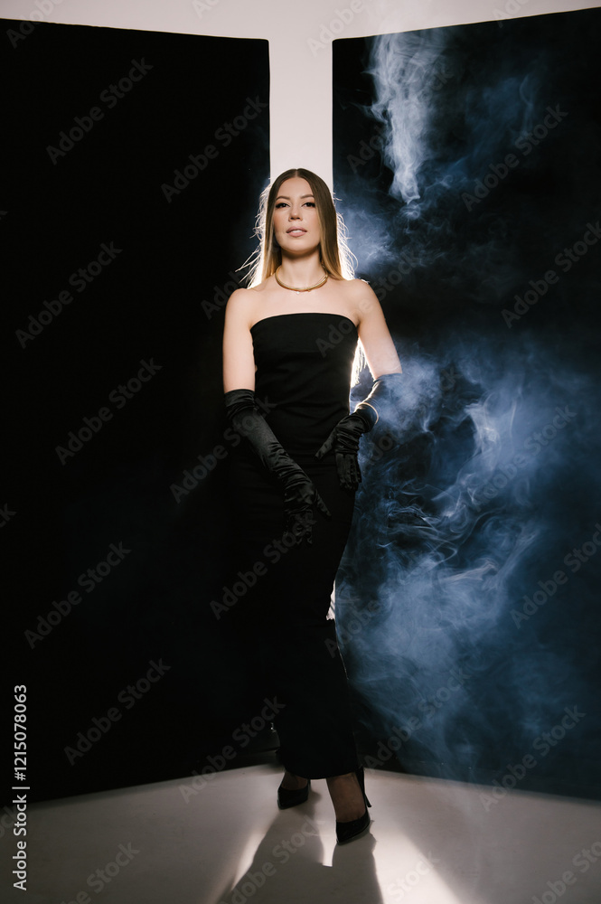 Portrait of a woman in a studio with professional light and smoke in a smart dress with gloves