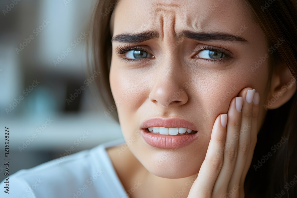 Young woman suffering severe tooth pain, pressing hand against aching cheek with pained expression Young woman suffering severe tooth pain, pressing hand against aching cheek with pained expression