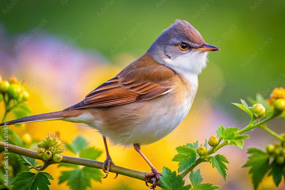Fototapeta premium Macro Photography: Common Whitethroat (Sylvia communis) on Branch