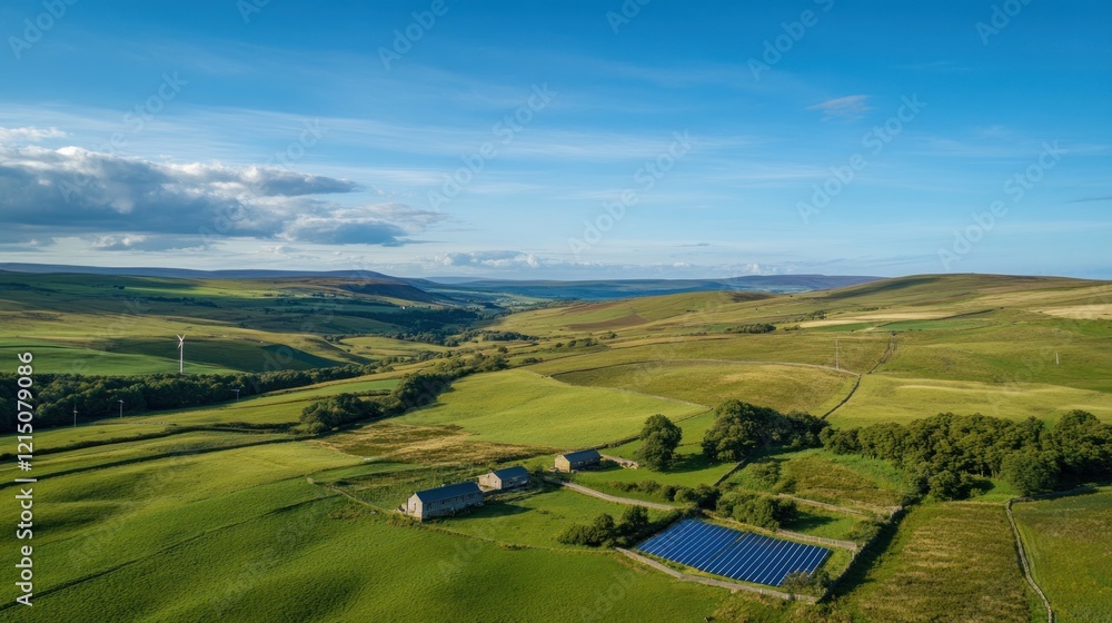 Obraz premium Aerial view of a green energy farm featuring wind turbines and solar panels in a rural landscape
