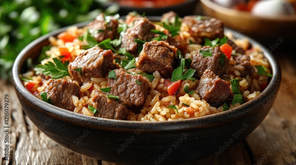 Beef rice bowl, savory herbs, rustic table, lunch Beef rice bowl, savory herbs, rustic table, lunch