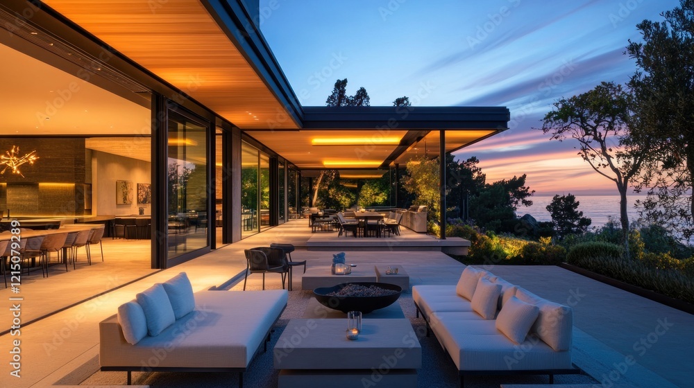 Fototapeta premium Modern Patio with Ocean View at Dusk