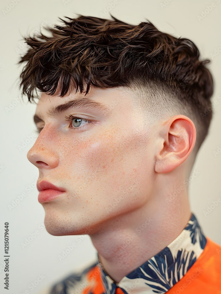 Naklejka premium Stylish Young Man with Sharp Caesar Haircut and Even Fringe in Fashion Portrait