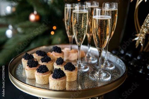 Golden serving tray displaying champagne glasses, gourmet canapés topped with caviar, positioned near festive Christmas tree decorations