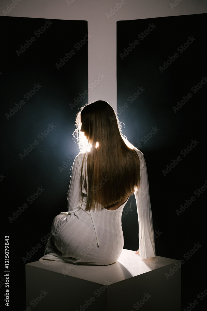 Portrait of a woman in a studio with professional lighting in a white long dress, soft focus