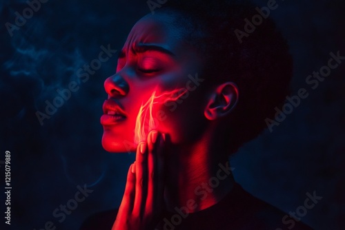 Trigeminal nerve pain highlighted in red on the face of a young woman suffering from facial neuralgia photo