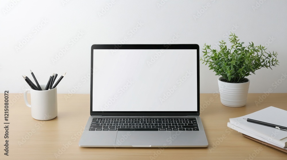 Fototapeta premium Modern Workspace with Laptop, Potted Plant, Writing Utensils, and Notepad on Light Wooden Desk Surface