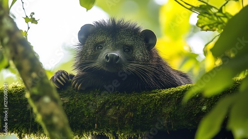 Binturong Arctictis binturong phylum Chordata class Mammalia order Carnivora family Viverridae resting a mossy branch in the rainforest canopy its thick fur glowing under sunlight photo