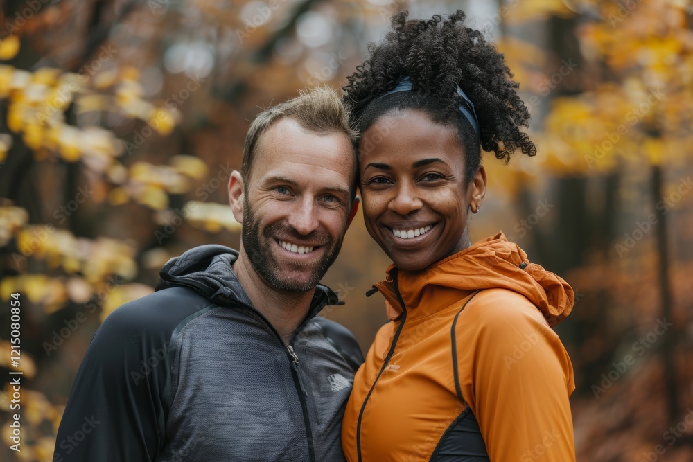 Fototapeta premium Portrait of a blissful multiethnic couple in their 30s wearing a lightweight running vest in background of autumn leaves