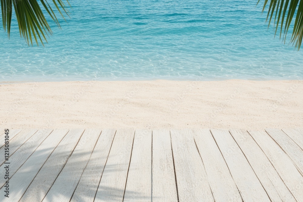 Fototapeta premium Tropical Serenity Deck Contemporary Wooden Boardwalk to Azure Ocean - Relaxation Symbol and Luxury Travel Marketing for Exquisite Beach Retreat Promotions