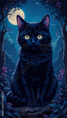 The Elegant Prowl Beneath the Moonlit Canopy: A Vibrant Vector Portrait of a Cat in Mystical Shades of Night
