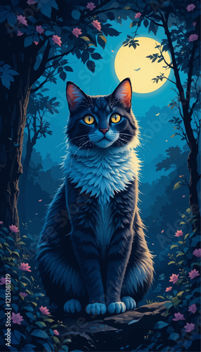 The Elegant Prowl Beneath the Moonlit Canopy: A Vibrant Vector Portrait of a Cat in Mystical Shades of Night