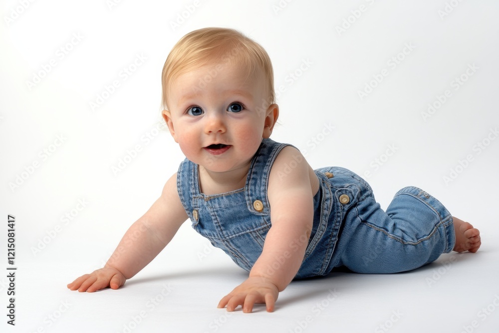 Delighted baby discovering the world while crawling on a clean white background in a bright studio setting Delighted baby discovering the world while crawling on a clean white background in a bright studio setting