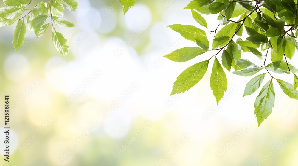 Obraz premium Fresh green leaves, sunlight bokeh, nature background, spring