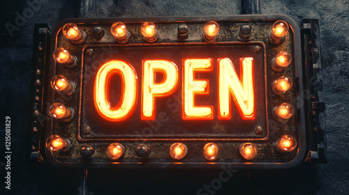 Vintage Neon Open Sign  Grunge  Retro  Illuminated  Bulbs  Rusty  Metal  Industrial  Signa