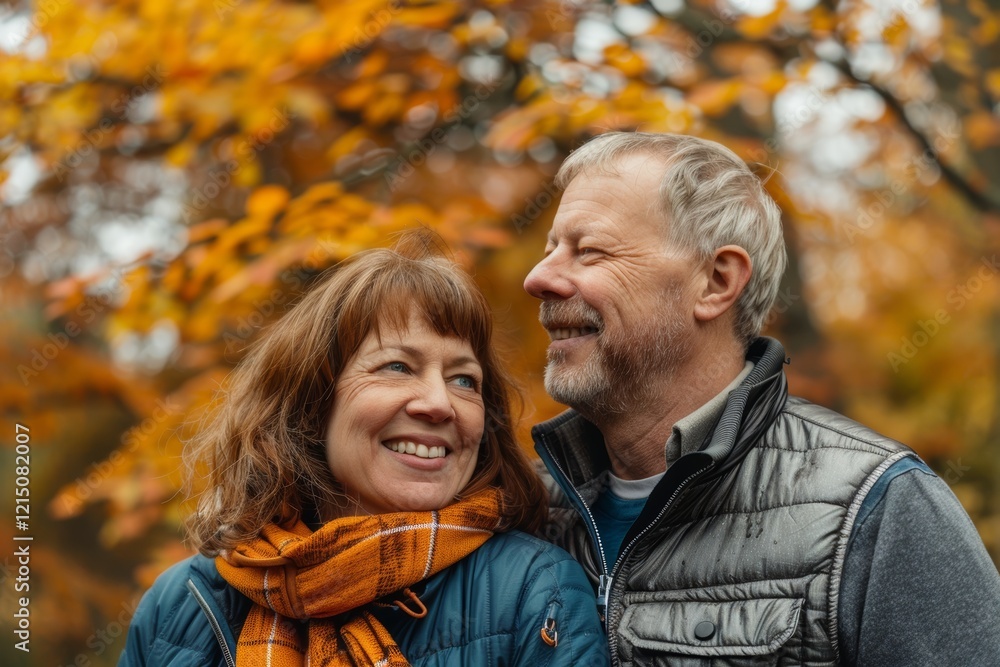 Portrait of a joyful couple in their 40s dressed in a breathable mesh vest isolated on background of autumn leaves Portrait of a joyful couple in their 40s dressed in a breathable mesh vest isolated on background of autumn leaves