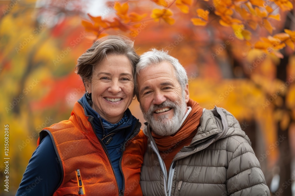 Portrait of a joyful couple in their 40s dressed in a breathable mesh vest in background of autumn leaves Portrait of a joyful couple in their 40s dressed in a breathable mesh vest in background of autumn leaves