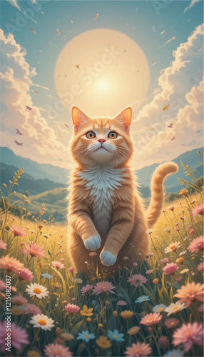 Sunlit Meadow Muse of the Golden Feline: An Artistic Illustration of a Cat Frolicking in Pastel Vector Dreamscapes