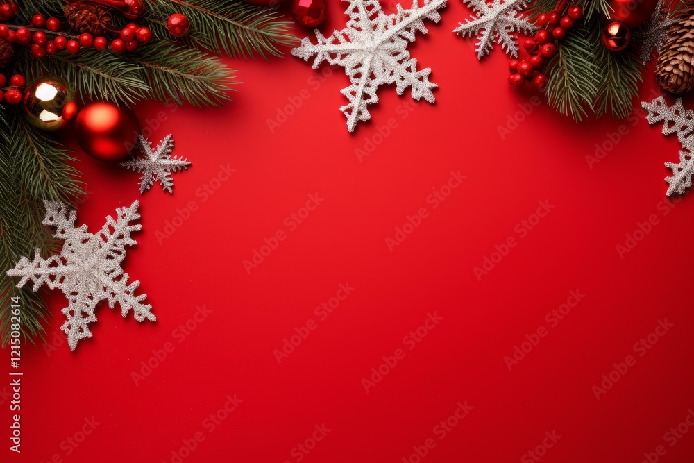 Christmas ornaments and snowflakes forming a border on red background, leaving space for text Christmas ornaments and snowflakes forming a border on red background, leaving space for text