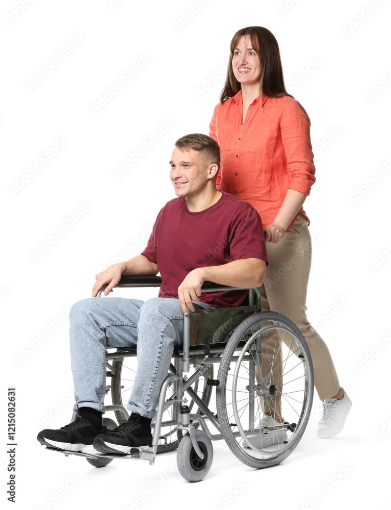Caregiver with man in wheelchair on white background Caregiver with man in wheelchair on white background