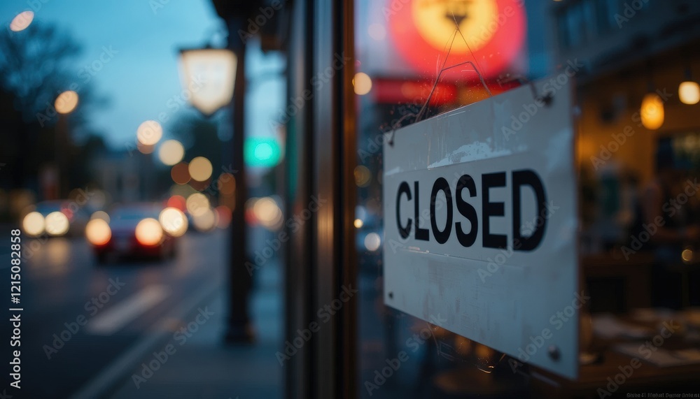 As twilight settles over the bustling city street, a crisp 'closed' sign hangs near the entrance of a cozy establishment. The warm glow from streetlights contrasts with fading daylight As twilight settles over the bustling city street, a crisp 'closed' sign hangs near the entrance of a cozy establishment. The warm glow from streetlights contrasts with fading daylight