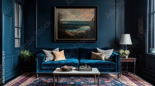 Luxurious navy blue living room interior design, featuring a velvet sofa, antique rug, and coastal landscape painting, ideal for home d?cor websites photo