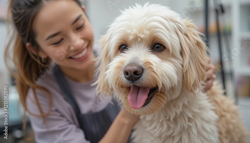 A skilled groomer carefully brushes a fluffy dog in a warm salon setting, showcasing a bond between them that radiates joy and trust during the grooming process