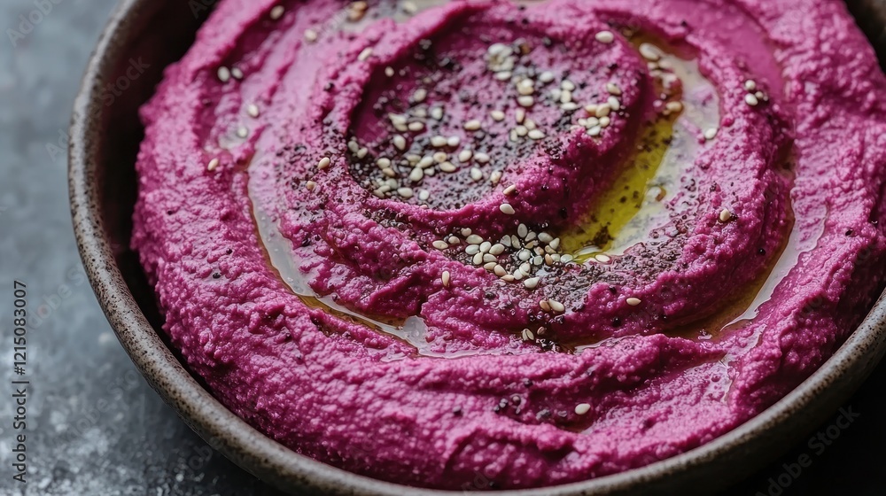 Beetroot hummus bowl, close-up, kitchen, seeds, recipe Beetroot hummus bowl, close-up, kitchen, seeds, recipe