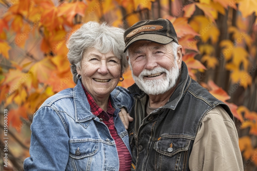 Portrait of a cheerful couple in their 50s wearing a rugged jean vest isolated in background of autumn leaves Portrait of a cheerful couple in their 50s wearing a rugged jean vest isolated in background of autumn leaves