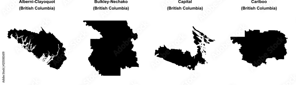 Fototapeta premium Alberni-Clayoquot, Bulkley-Nechako, Capital, Cariboo outline maps