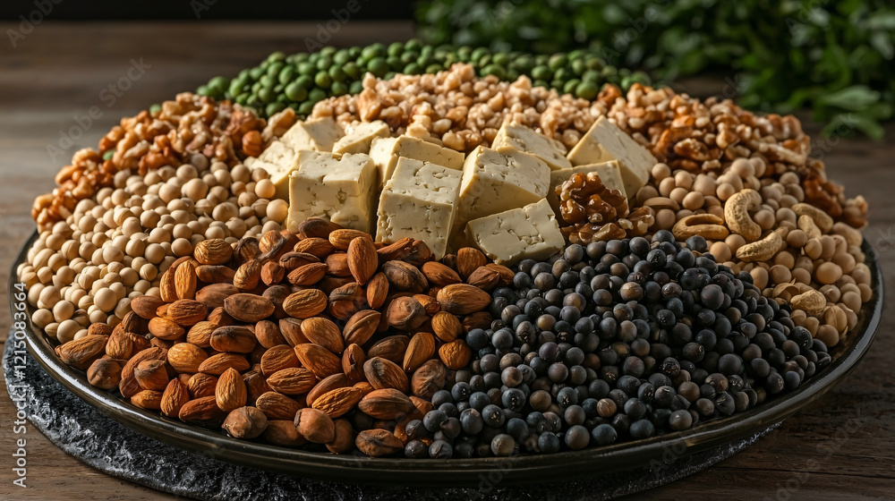 Naklejka premium A vibrant arrangement of plant-based proteins, including tofu, soybeans, and nuts, offering a nutrient-dense, low-fat, and healthy option with a serene and calming vibe.