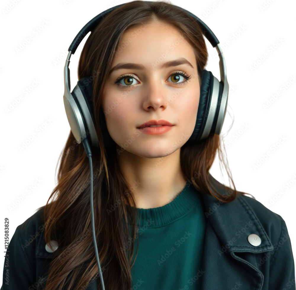 Young woman wearing headphones listening to music isolated on transparent background