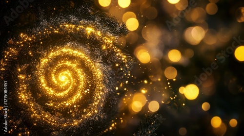 A dynamic spiral of golden light glowing softly, surrounded by luminous festive effects.