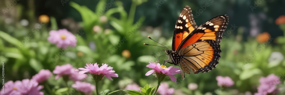 Butterfly sipping nectar from a small flower in a garden, serene atmosphere, botanical scene Butterfly sipping nectar from a small flower in a garden, serene atmosphere, botanical scene