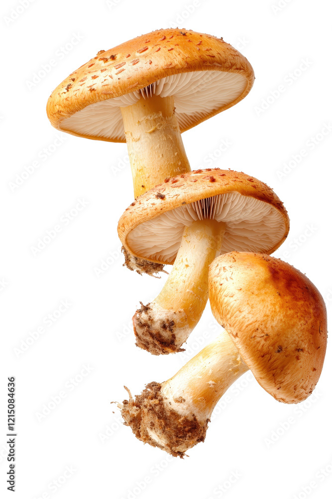 Three mushrooms displayed on a black background showcasing their unique shapes and textures isolated on transparent background. Three mushrooms displayed on a black background showcasing their unique shapes and textures isolated on transparent background.