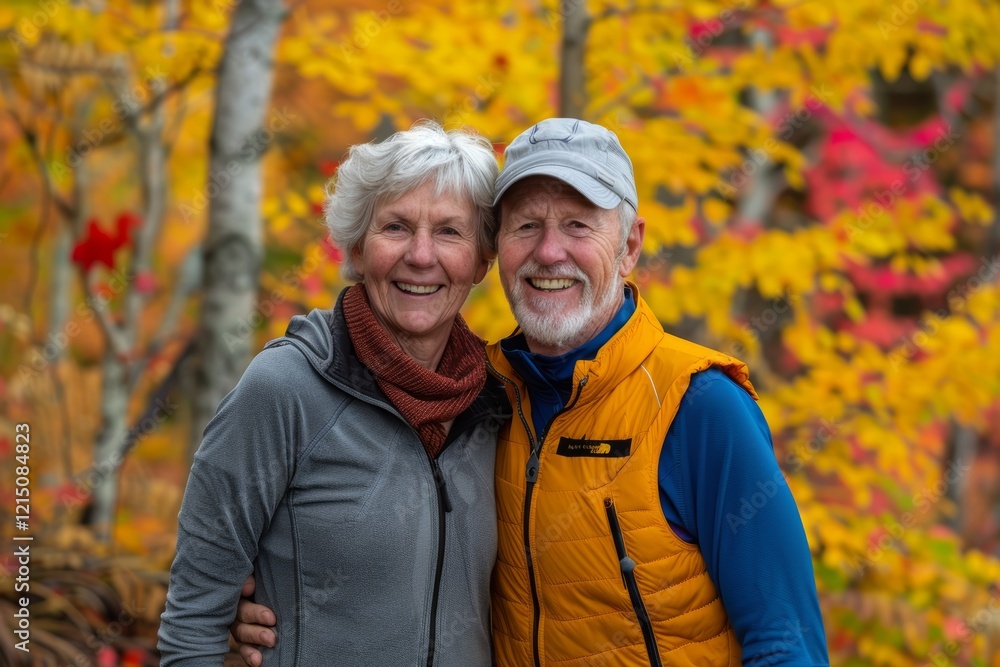 Portrait of a grinning caucasian couple in their 80s wearing a lightweight running vest isolated in background of autumn leaves Portrait of a grinning caucasian couple in their 80s wearing a lightweight running vest isolated in background of autumn leaves