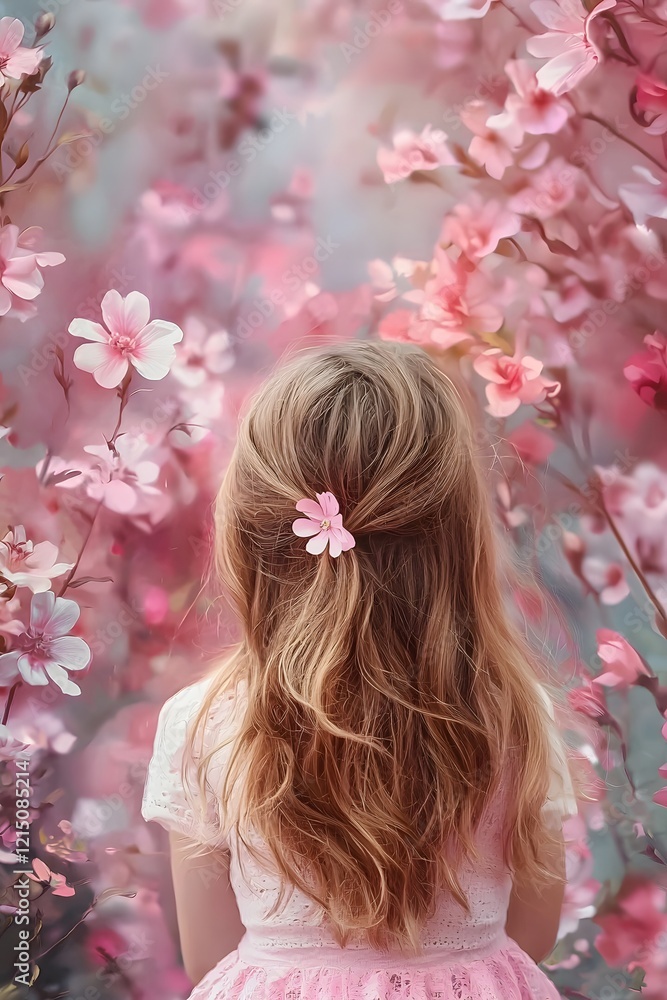 Naklejka premium Young Woman s Back in Blossoming Pink Flower Garden